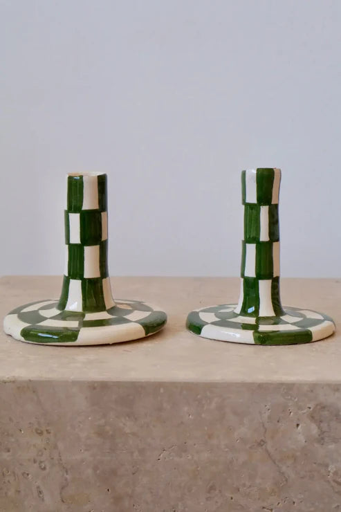 Artisanal Candle Holders Handmade Ceramic Green & White