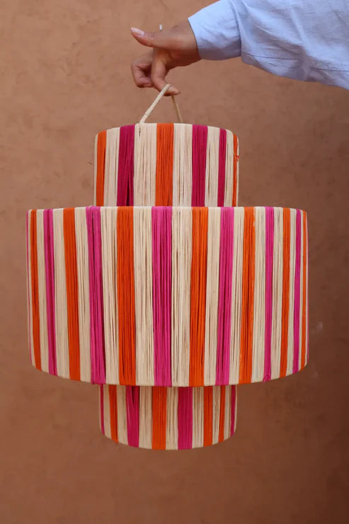 Artisanal Raffia Pendant Light | Handmade | Pink, Orange & Nude
