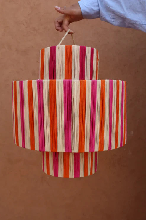 Artisanal Raffia Pendant Light | Handmade | Pink, Orange & Nude