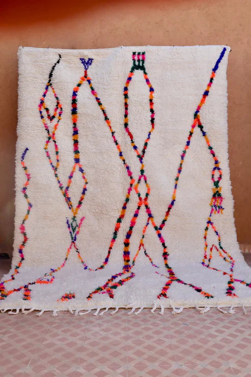 Azilal Berber White Rug with Colorful and Fluorescent Patterns – Handmade – 307 x 207 cm