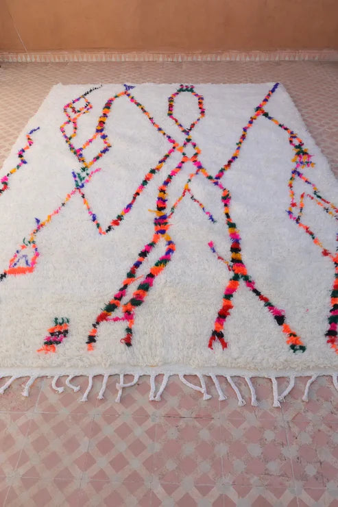 Azilal Berber White Rug with Colorful and Fluorescent Patterns – Handmade – 307 x 207 cm