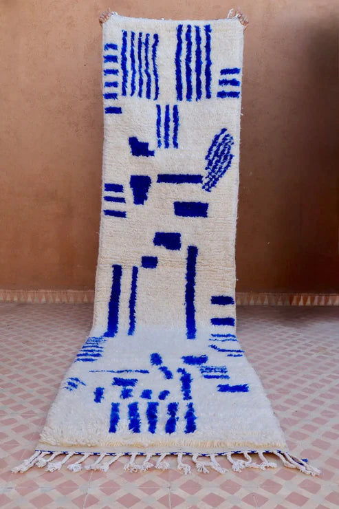 Berber Runner Rug Azilal White with Majorelle Blue Patterns - 308 x 79 cm