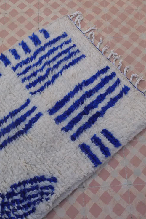 Berber Runner Rug Azilal White with Majorelle Blue Patterns - 308 x 79 cm
