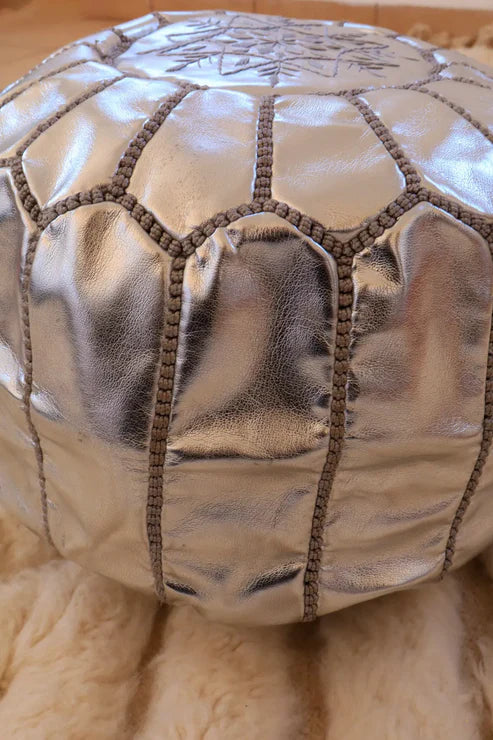 Morrocan Pouf Vegan Leather Silver